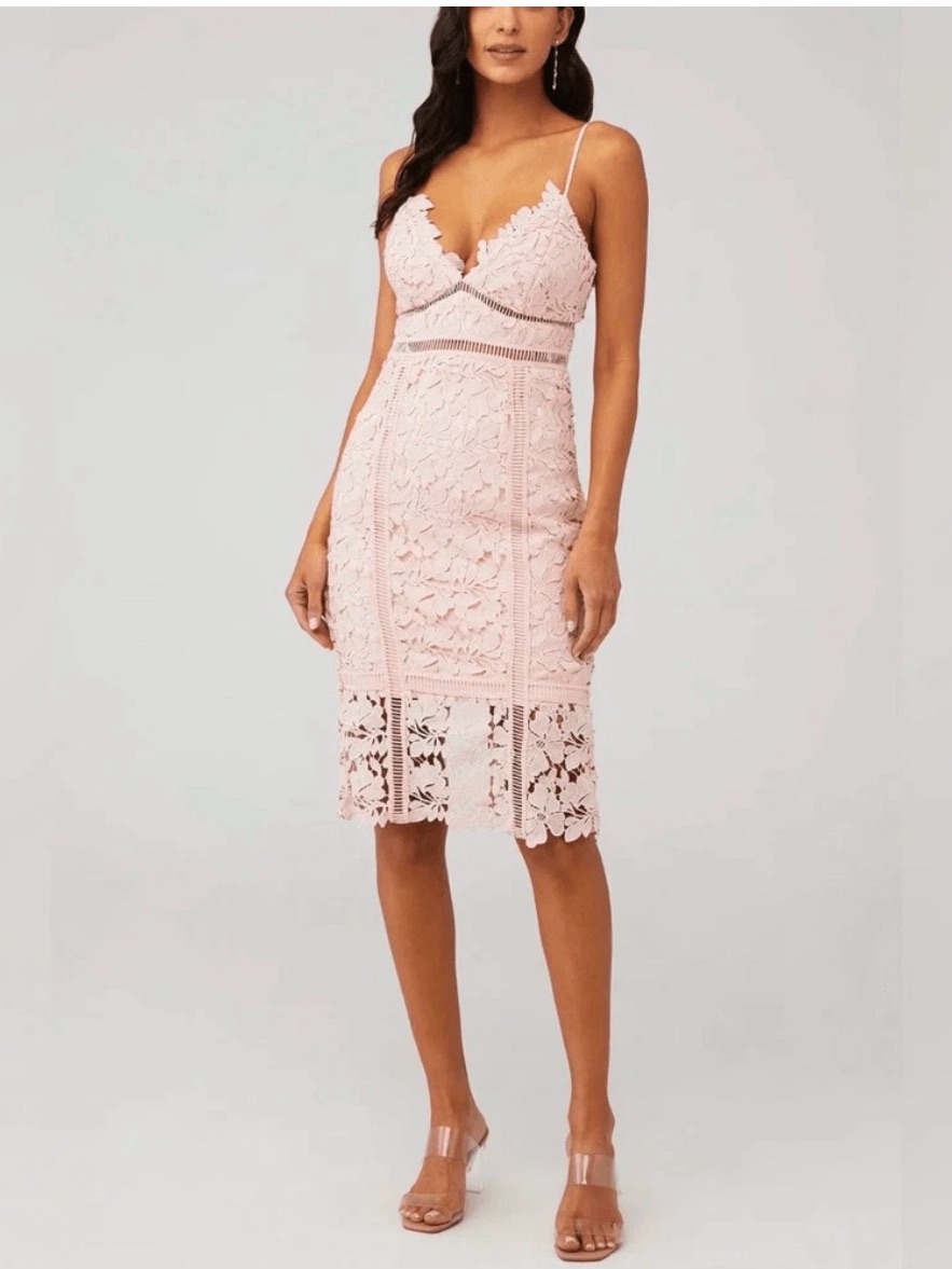 Bardot Blush Lace Midi Dress With Spaghetti Straps